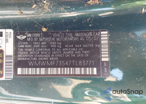 2007 Mini Cooper S S из США, поврежденный, VIN WMWMF73547TL83771